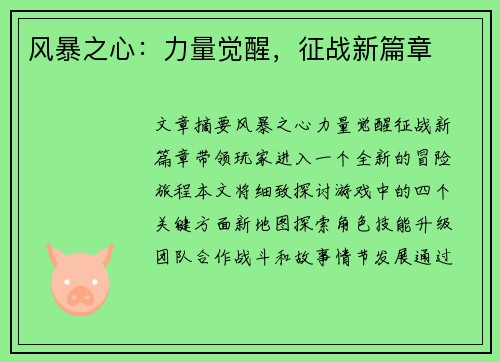风暴之心：力量觉醒，征战新篇章